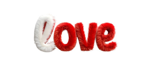 The word 'love' is displayed in a fluffy, textured font. The letters are red and white, set against a transparent background, isolated for use in various designs.