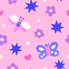 Wall Mural - cute vector seamless pattern with florals and moths. hand drawn botanical illustration with whimsica