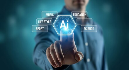 Mans finger touching a glowing hexagonal ai icon with surrounding labels like music, lifestyle, sport, education, and science