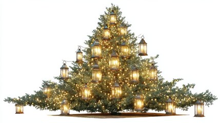 Wall Mural - beautifully decorated christmas tree with lanterns and lights isolated on white transparent background