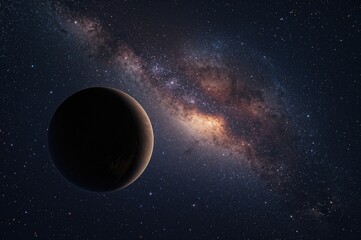 Wall Mural - Celestial body revolving near dawn under a sparkling cosmos, created with AI generation tools