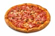 © The 2R Artificiality - Cheese pizza topped with salami, prosciutto, and capers on a white background