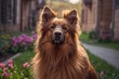 Adorable long-haired brown shepherd dog standing on a sunny spring street