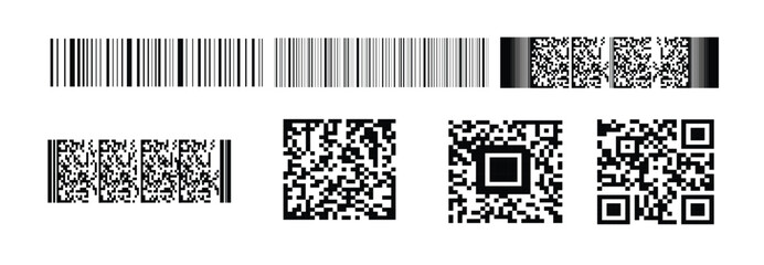 QR code scan icons Set, QR code black icon set isolated on transparent background. Digital bar codes scanning qr code sign for smartphone, payment, mobile app. Flat or line. vector illustration.