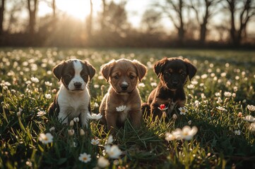Wall Mural - Young dogs playing in a meadow during sunset