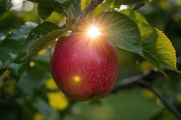 Wall Mural - Ripe red apple hanging from tree branches with sunlight filtering through foliage, nature and seasonal fruits in garden setting