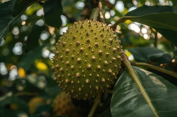 Wall Mural - Close-up shot of a tropical fruit on a tree branch with green leaves, showcasing its texture in a natural garden setting during summer