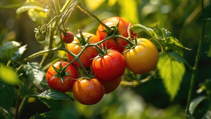 Wall Mural - Homegrown tomatoes maturing gradually outdoors