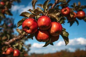 Wall Mural - Ripe red apples dangling from branches, ready to be harvested.