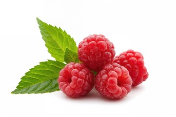Wall Mural - Fresh red raspberries accompanied by green foliage, viewed from the side on a white backdrop