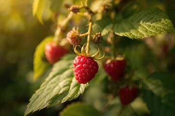 Wall Mural - Close-up of ripe red raspberries on a small garden branch.