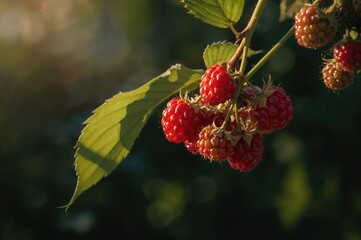 Wall Mural - Close-up of a raspberry branch filled with ripe red berries