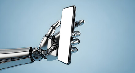 Modern robot hand holding blank screen smartphone for innovative tech presentation or futuristic app design, use for cutting edge concepts and creative layouts