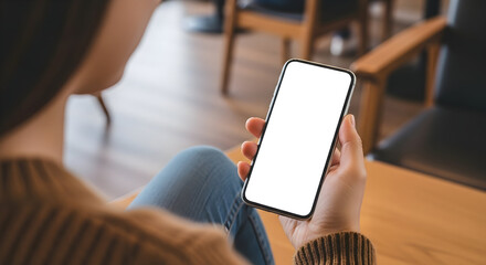 Relaxed woman enjoying social media on her smartphone with a blank screen showcasing easy customization and vibrant modern app possibilities