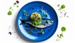 © syaw41 - A high-angle view of a beautifully presented whole fish dish with microgreens on a vibrant blue plate, garnished with a lemon slice and herbs, evoking a sense of fine dining and healthy cuisine