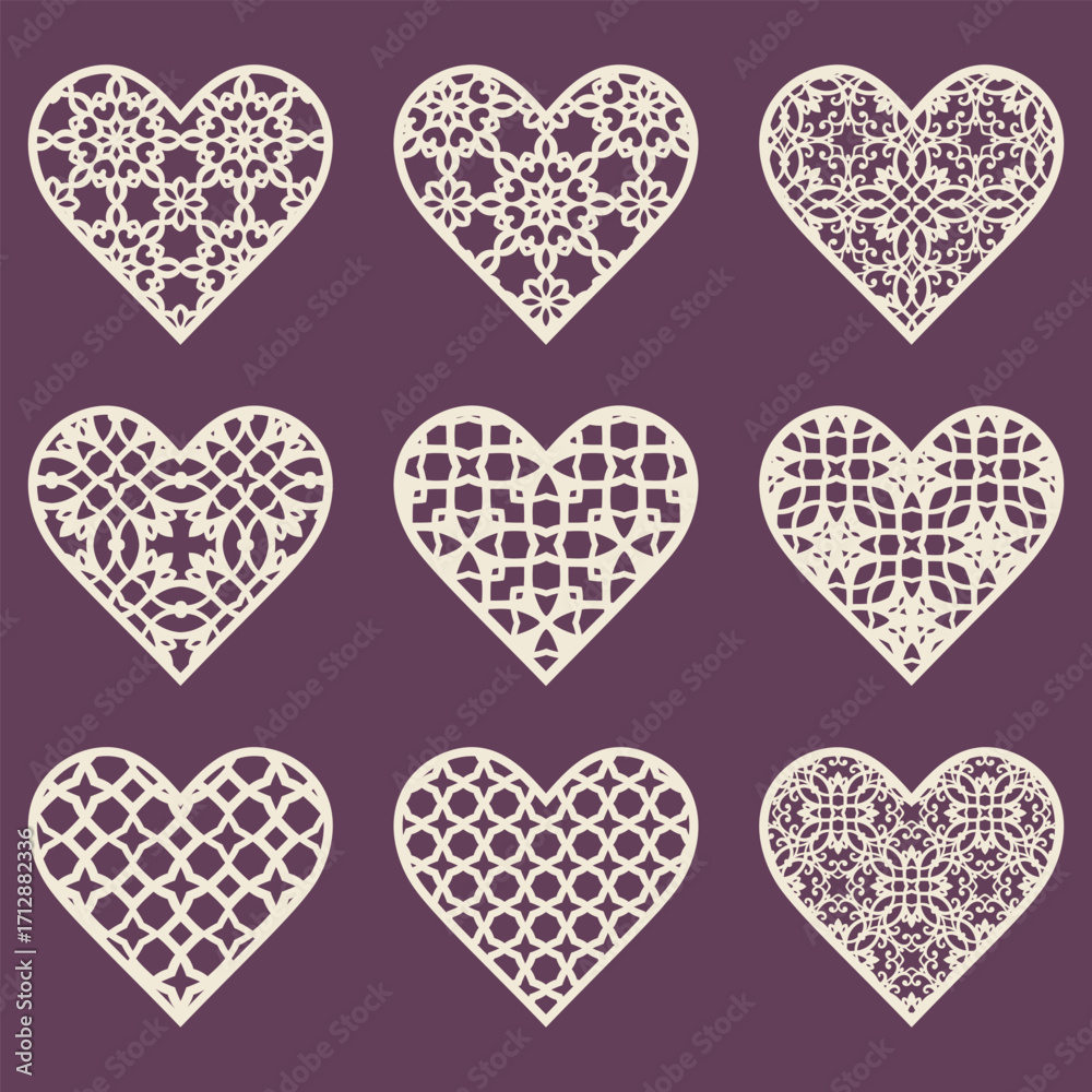 Heart Cutout For Indesign Heart shapes with ornamental cutout design, set of nine laser cut ...