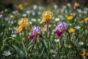Wall Mural - Springtime yellow and purple irises with grass and leaves in a natural setting