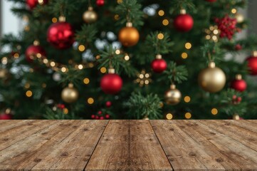 Wall Mural - rustic wooden tabletop with festive holiday decorations in the background featuring a decorated tree