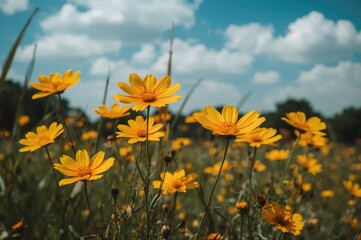 Wall Mural - Vibrant yellow and orange cosmos blossoms brightening the garden for a fresh vibe - Photo