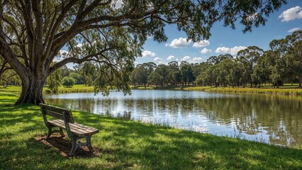 Wall Mural - Bench made of wood beside a lake with trees in a garden setting