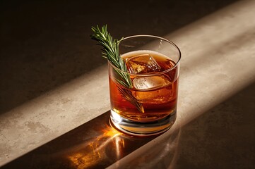 Wall Mural - a glass of whiskey garnished with rosemary, illuminated by sunlight filtering through the liquid.