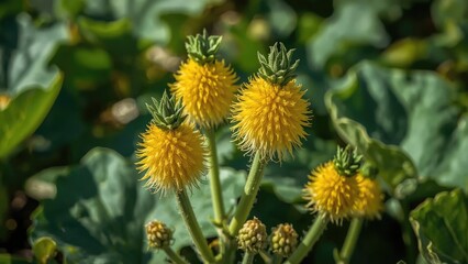 Wall Mural - Zoomed-in image of yellow squash flowers surrounded by lush foliage, symbolizing autumn and natural beauty