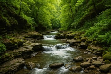 Wall Mural - natural landscape featuring trees, rocks, and flowing water in a park