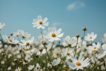 Wall Mural - White cosmos blooms in a garden setting under a clear blue sky