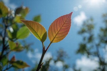 Wall Mural - A lively fresh leaf stretches upward, illuminated by bright sunlight, embodying energy and life as it showcases the splendor of the natural world.