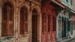 Distinctive wooden window panels adorn vibrant buildings in a heritage area known for its Sino-Portuguese style.