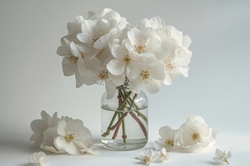 Wall Mural - Transparent jar holding white bird-cherry blossoms against a white backdrop