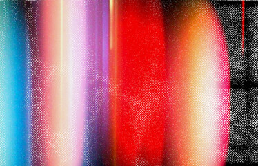 Wall Mural - Abstract digital illustration in glitch art style, featuring vertical bands of blue, yellow, and vibrant red with pixelated white dot patterns. The image has a colorful composition with gradients.