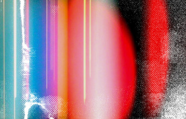 Wall Mural - Abstract digital illustration in glitch art style, featuring vertical bands of blue, yellow, and vibrant red with pixelated white dot patterns. The image has a colorful composition with gradients.