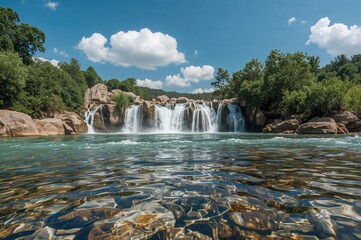 Wall Mural - river stones encircling a cascading waterfall