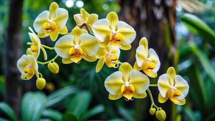 Wall Mural - Bright yellow oncidium orchids flourish in a lush tropical setting