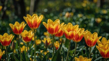 Wall Mural - Lily-like tulip blooms in vibrant yellow and red colors during April
