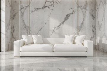Wall Mural - modern elegant interior featuring a white couch against marble wall backdrop, digital illustration