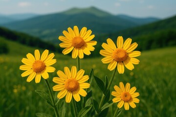 Wall Mural - Bright yellow blossoms covering a grassy field in the Bieszczady region