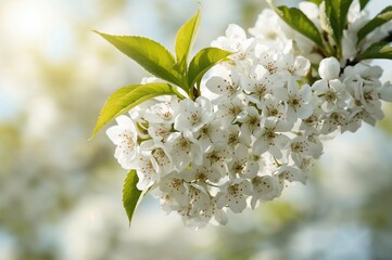 Wall Mural - Springtime with white cherry blossoms in nature