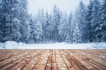 Wall Mural - Snow-covered fir trees in a forest with wooden floor and winter holiday atmosphere