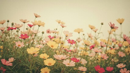 Wall Mural - Bright yellow and pink Cosmos flowers in full bloom within a garden
