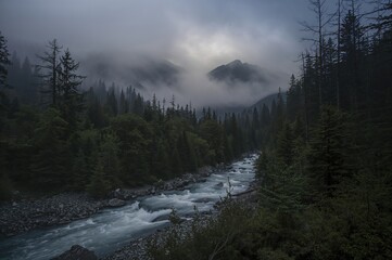 Wall Mural - a fast-moving stream flows through dense woods towards a mountain lake, shrouded by heavy clouds tha