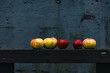 © dominikspalek.pl - Apples that have fallen from a tree are arranged on a wooden bench,