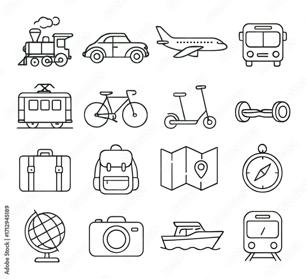 Transportation icons: train, car, airplane, bus, bicycle, scooter ...