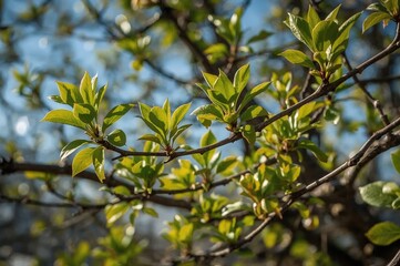 Wall Mural - Sunlit tree branch adorned with fresh green foliage. Early spring leaves and buds emerging on branches. Winter retreats as nature awakens. Tender green leaves sprouting on shrubs.