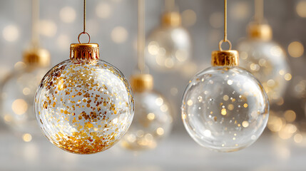Wall Mural - Christmas background with hanging gold and transparent baubles. Space for text.
