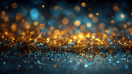 Wall Mural - Abstract glitter lights background in blue, gold and black colors. Blurred bokeh effect. Elegant and festive design for banner, poster, invitation, card or wallpaper.