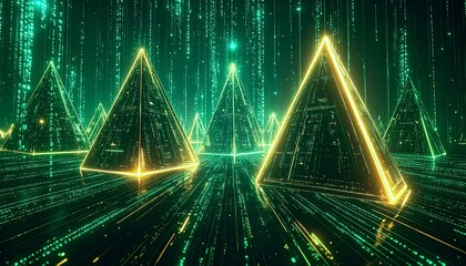 Digital pyramids glow amidst a stream of binary code, creating a futuristic, tech-inspired landscape.