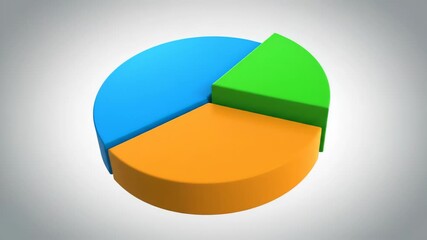 Three Dimensional Pie Chart Diagram with Blue, Orange, and Green Segments Against a Softly Lit Gray Background