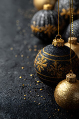 Wall Mural - Black vertical background with gold Christmas balls and copy space. New Year, winter holidays.